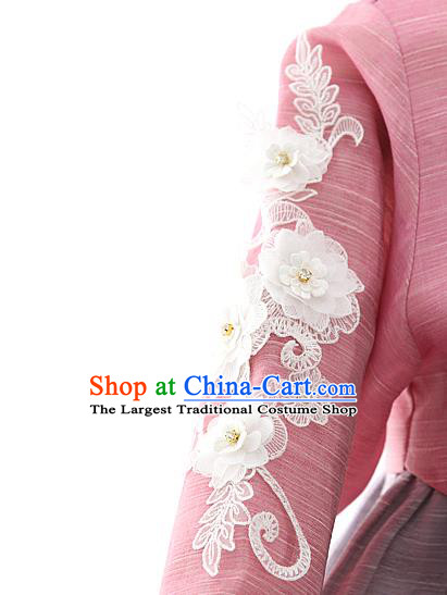Korean Bride Mother Pink Blouse and Grey Dress Korea Fashion Costumes Traditional Hanbok Festival Wedding Apparels for Women