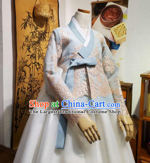 Korean Traditional Wedding Blue Lace Blouse and White Dress Korea Fashion Bride Costumes Hanbok Apparels for Women