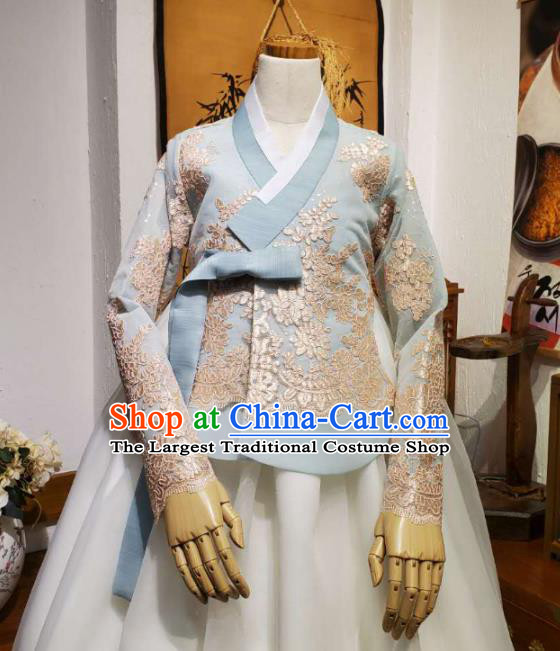 Korean Traditional Wedding Blue Lace Blouse and White Dress Korea Fashion Bride Costumes Hanbok Apparels for Women