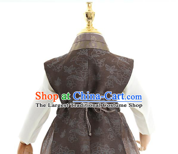 Asian Korea Boys Embroidered Brown Vest Shirt and Pants Korean Kids Fashion Traditional Apparels Hanbok Birthday Costumes