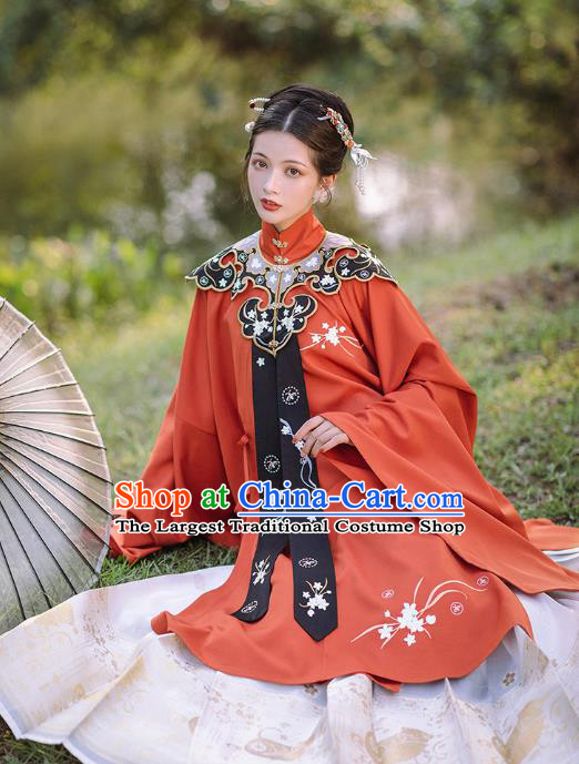 Chinese Ancient Ming Dynasty Imperial Concubine Costumes Traditional Court Women Hanfu Apparels Red Gown and Skirt Shoulder Tippet Full Set