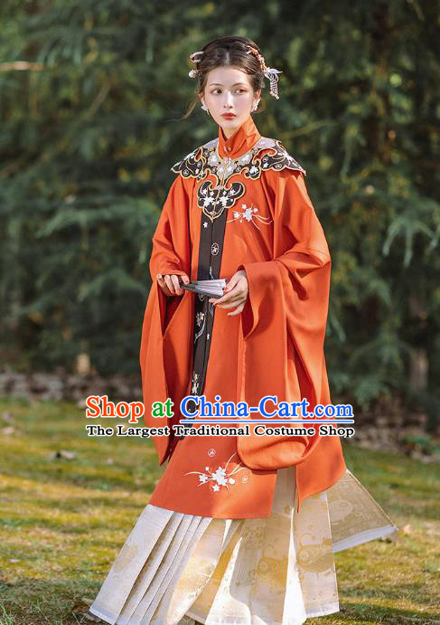 Chinese Ancient Ming Dynasty Imperial Concubine Costumes Traditional Court Women Hanfu Apparels Red Gown and Skirt Shoulder Tippet Full Set