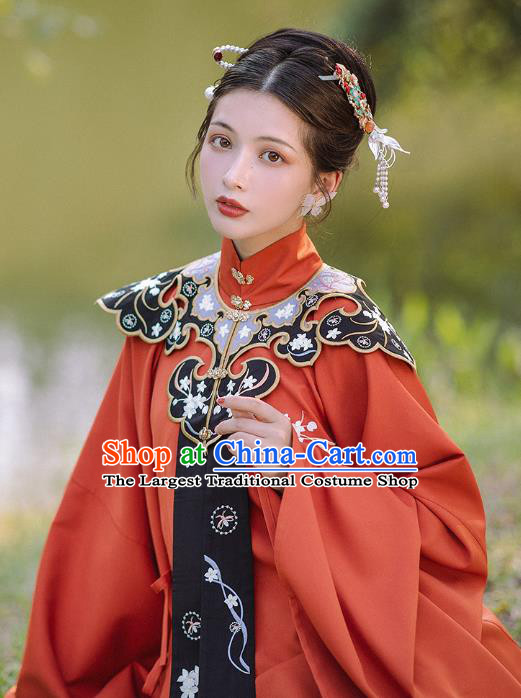 Chinese Ancient Ming Dynasty Imperial Concubine Costumes Traditional Court Women Hanfu Apparels Red Gown and Skirt Shoulder Tippet Full Set