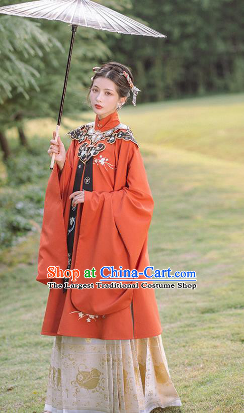Chinese Ancient Ming Dynasty Imperial Concubine Costumes Traditional Court Women Hanfu Apparels Red Gown and Skirt Shoulder Tippet Full Set