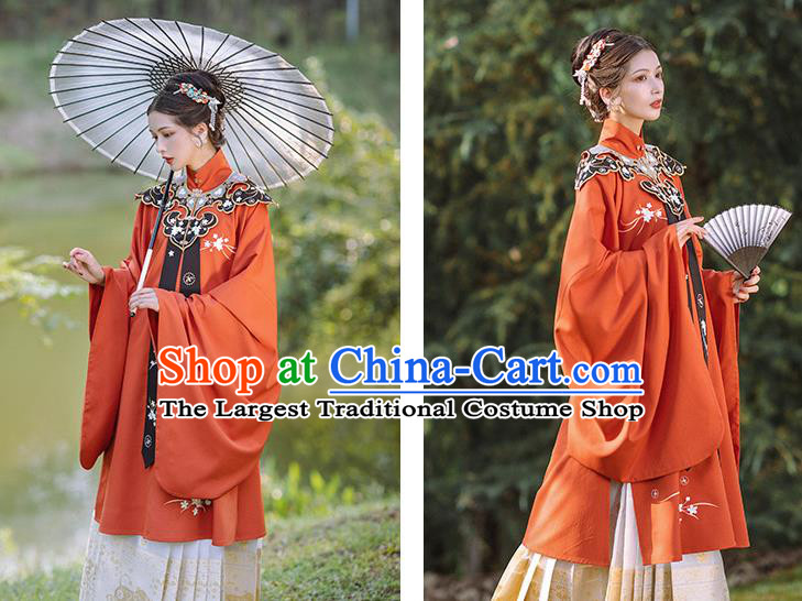 Chinese Ancient Ming Dynasty Imperial Concubine Costumes Traditional Court Women Hanfu Apparels Red Gown and Skirt Shoulder Tippet Full Set