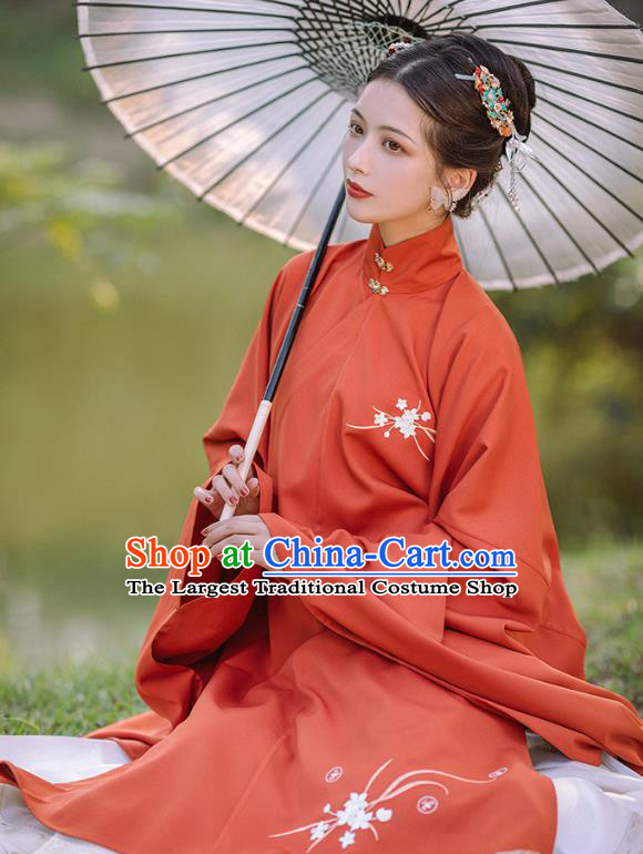 Chinese Ancient Ming Dynasty Imperial Concubine Costumes Traditional Court Women Hanfu Apparels Red Gown and Skirt Shoulder Tippet Full Set