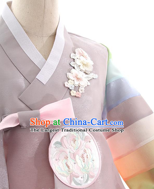 Korean Bride Hanbok Grey Blouse and Pink Dress Korea Fashion Wedding Costumes Traditional Festival Apparels for Women