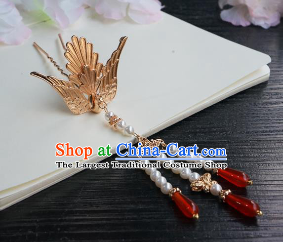Chinese Classical Beads Tassel Hair Clip Hair Accessories Handmade Ancient Tang Dynasty Hanfu Golden Phoenix Hairpin for Women