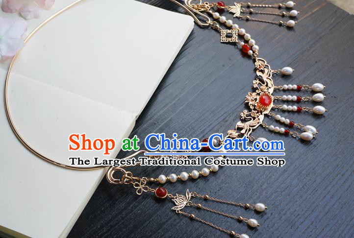 Chinese Handmade Hanfu Beads Tassel Necklace Classical Jewelry Accessories Ancient Princess Golden Necklet for Women