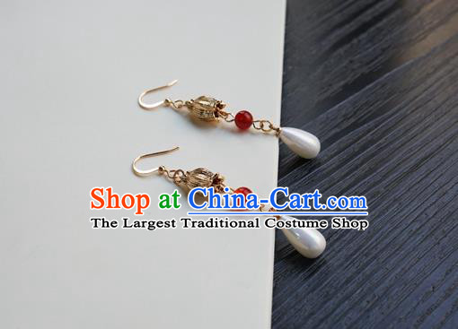 Handmade Chinese Women Hanfu Pearl Ear Accessories Ancient Court Eardrop Classical Earrings