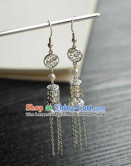 Handmade Chinese Women Argent Tassel Ear Accessories Classical Hanfu White Beads Earrings