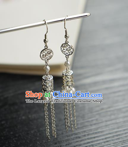 Handmade Chinese Women Argent Tassel Ear Accessories Classical Hanfu White Beads Earrings