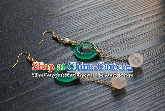 Handmade Chinese Women Hanfu Long Tassel Ear Accessories Ancient Court Eardrop Classical Green Ring Earrings