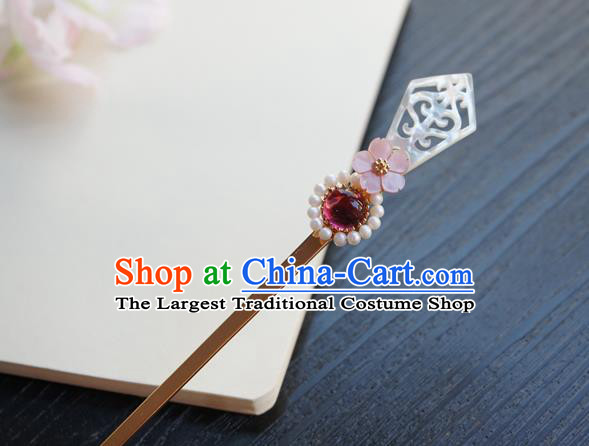 Chinese Classical Shell Hair Clip Hair Accessories Handmade Ancient Hanfu Rosy Crystal Hairpin for Women
