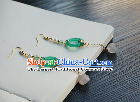 Handmade Chinese Women Hanfu Long Tassel Ear Accessories Ancient Court Eardrop Classical Green Ring Earrings
