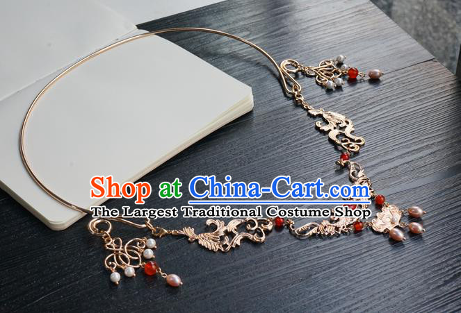 Chinese Handmade Golden Longevity Lock Hanfu Pearl Necklace Classical Jewelry Accessories Ancient Princess Necklet for Women