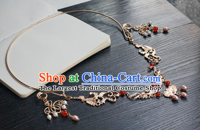 Chinese Handmade Golden Longevity Lock Hanfu Pearl Necklace Classical Jewelry Accessories Ancient Princess Necklet for Women