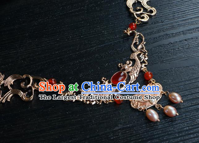 Chinese Handmade Golden Longevity Lock Hanfu Pearl Necklace Classical Jewelry Accessories Ancient Princess Necklet for Women
