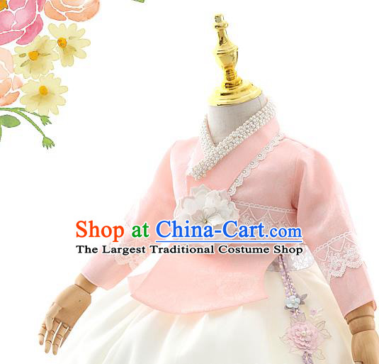 Asian Korea Court Girls Pink Blouse and White Dress Korean Kids Birthday Fashion Traditional Hanbok Apparels Costumes