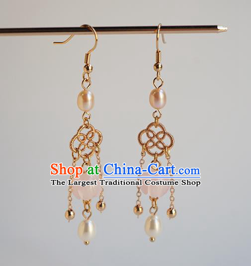 Handmade Chinese Classical Pearls Ear Accessories Ancient Women Hanfu Pink Bead Earrings