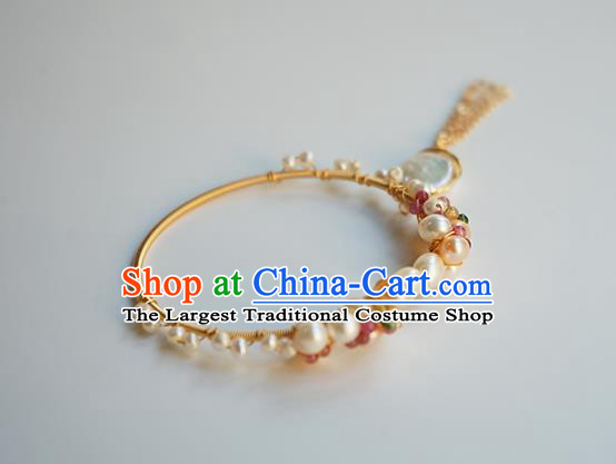 Chinese Classical Pearls Bracelet Jewelry Accessories Ancient Hanfu Golden Tassel Bangle