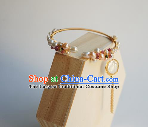 Chinese Classical Pearls Bracelet Jewelry Accessories Ancient Hanfu Golden Tassel Bangle