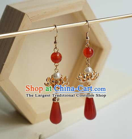Handmade Chinese Classical Agate Ear Accessories Ancient Women Hanfu Court Golden Lotus Earrings