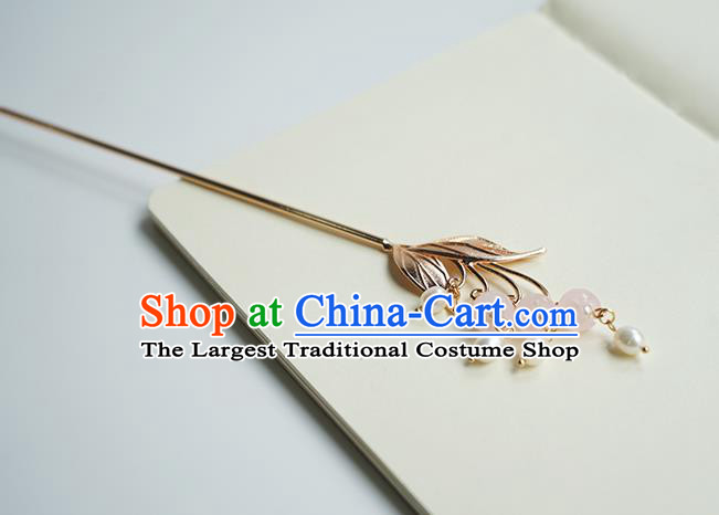Chinese Hanfu Classical Pearls Tassel Hair Accessories Handmade Ancient Princess Golden Leaf Hairpins for Women