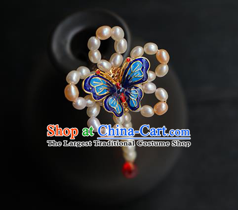 Chinese Classical Hanfu Pearls Hair Accessories Handmade Ancient Princess Blueing Butterfly Hairpin for Women