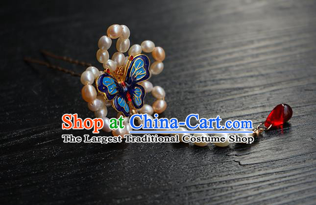 Chinese Classical Hanfu Pearls Hair Accessories Handmade Ancient Princess Blueing Butterfly Hairpin for Women
