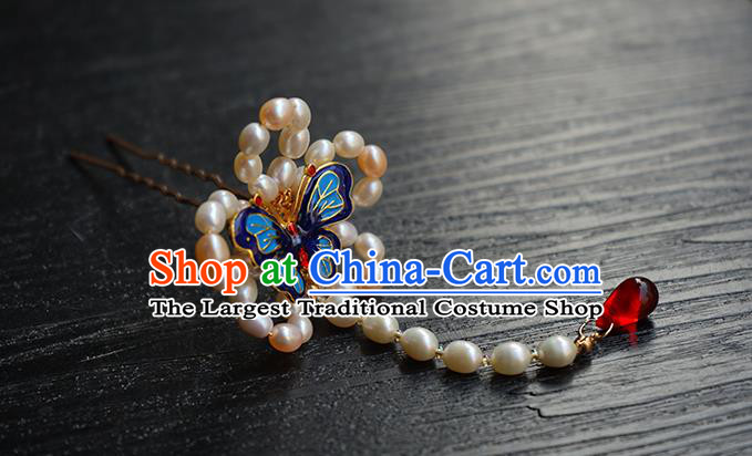 Chinese Classical Hanfu Pearls Hair Accessories Handmade Ancient Princess Blueing Butterfly Hairpin for Women