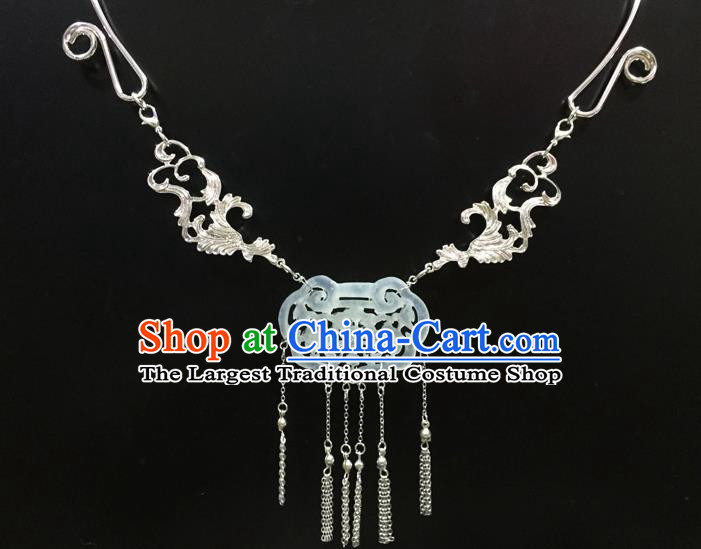 Chinese Handmade Hanfu Jade Necklace Classical Jewelry Accessories Ancient Princess Longevity Lock Argent Tassel Necklet for Women