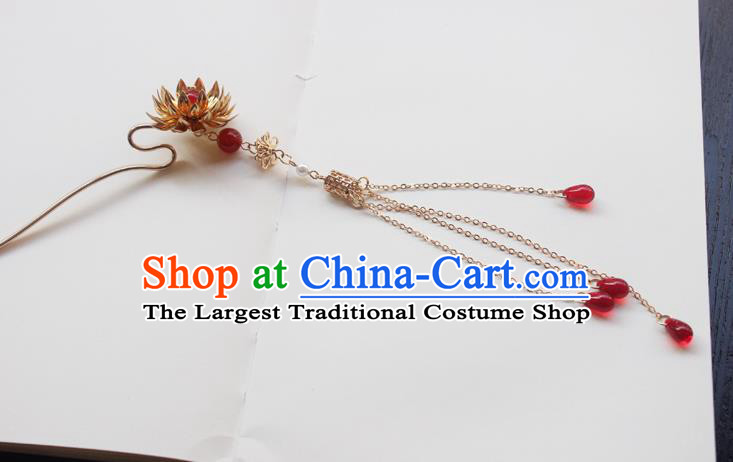 Chinese Classical Golden Lotus Hair Clip Hair Accessories Handmade Ancient Hanfu Red Beads Tassel Hairpin for Women