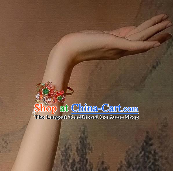 Chinese Handmade Hanfu Red Flowers Bracelet Classical Jewelry Accessories Bangle for Women
