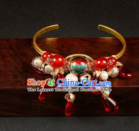 Chinese Handmade Red Beads Bracelet Classical Jewelry Accessories Hanfu Golden Bells Tassel Bangle for Women
