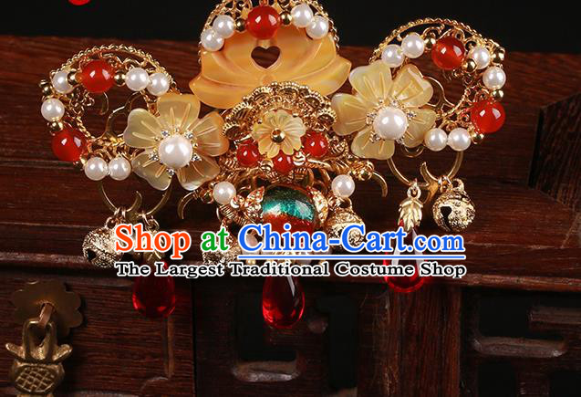 Chinese Classical Golden Bells Hair Crown Hair Accessories Handmade Ancient Court Lady Hanfu Shell Flower Hairpins for Women