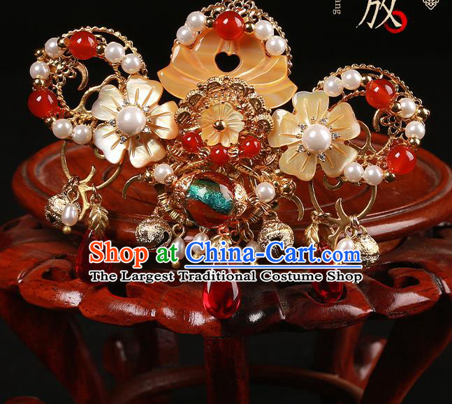 Chinese Classical Golden Bells Hair Crown Hair Accessories Handmade Ancient Court Lady Hanfu Shell Flower Hairpins for Women