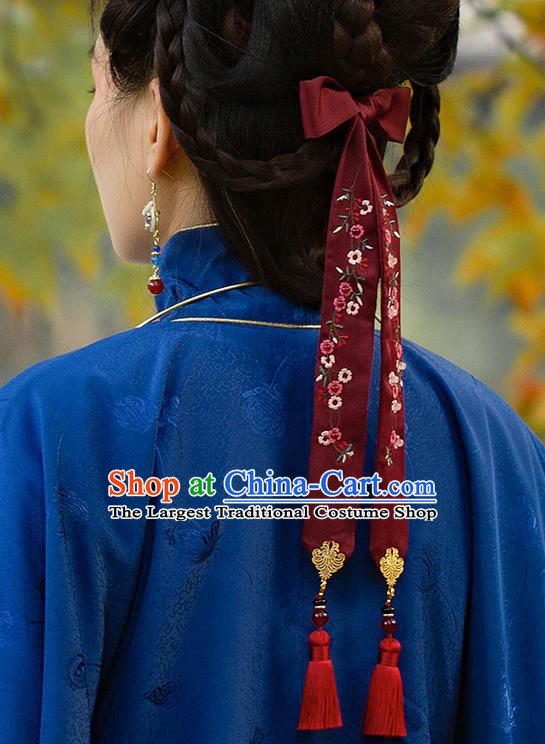 Chinese Classical Embroidered Wine Red Silk Headband Hanfu Hair Accessories Handmade Tassel Bandeau Hairlace for Women