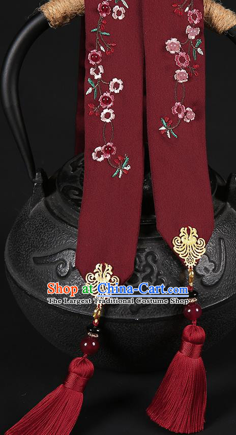 Chinese Classical Embroidered Wine Red Silk Headband Hanfu Hair Accessories Handmade Tassel Bandeau Hairlace for Women