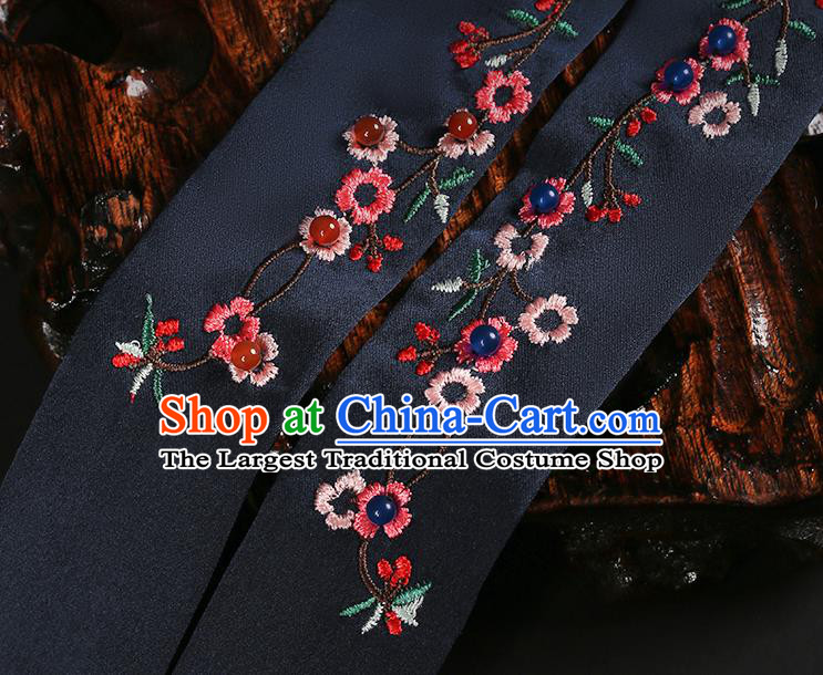 Chinese Classical Embroidered Navy Silk Headband Hanfu Hair Accessories Handmade Tassel Bandeau Hairlace for Women