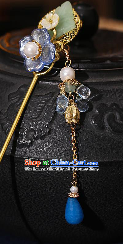 Chinese Classical Blue Flower Hair Clip Hanfu Hair Accessories Handmade Tassel Hairpins for Women