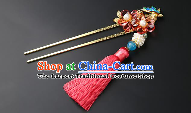 Chinese Classical Song Dynasty Pink Tassel Hair Clip Hanfu Hair Accessories Handmade Ancient Pearls Flower Hairpins for Women