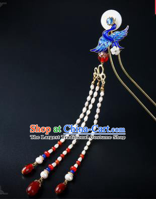 Chinese Classical Qing Dynasty Blueing Crane Hair Clip Hanfu Hair Accessories Handmade Ancient Princess Pearls Tassel Hairpins for Women