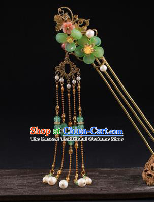 Chinese Classical Green Plum Hair Clip Hanfu Hair Accessories Handmade Ancient Princess Golden Tassel Hairpins for Women