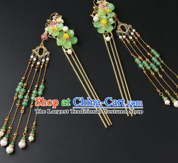 Chinese Classical Green Plum Hair Clip Hanfu Hair Accessories Handmade Ancient Princess Golden Tassel Hairpins for Women