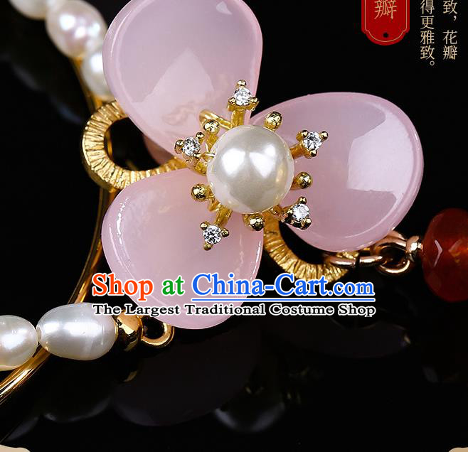 Chinese Handmade Pearls Bracelet Classical Jewelry Accessories Ancient Hanfu Pink Flower Bangle for Women