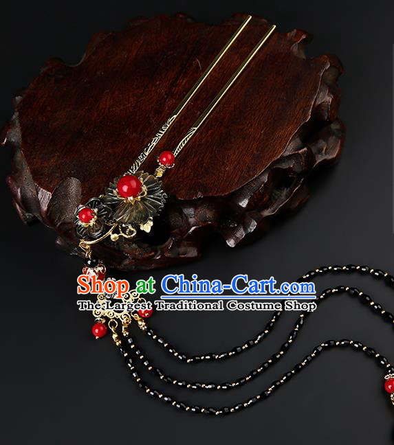 Chinese Classical Black Plum Hair Clip Hanfu Hair Accessories Handmade Ancient Song Dynasty Princess Beads Tassel Hairpins for Women