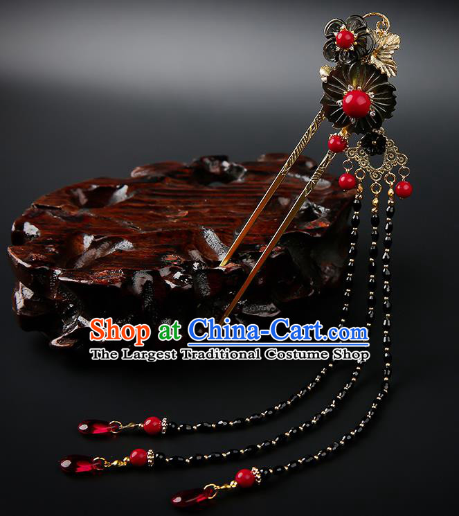Chinese Classical Black Plum Hair Clip Hanfu Hair Accessories Handmade Ancient Song Dynasty Princess Beads Tassel Hairpins for Women