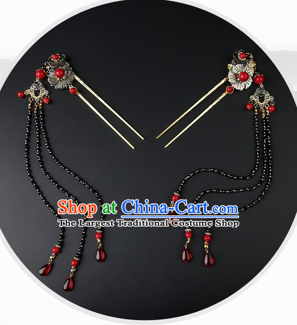 Chinese Classical Black Plum Hair Clip Hanfu Hair Accessories Handmade Ancient Song Dynasty Princess Beads Tassel Hairpins for Women