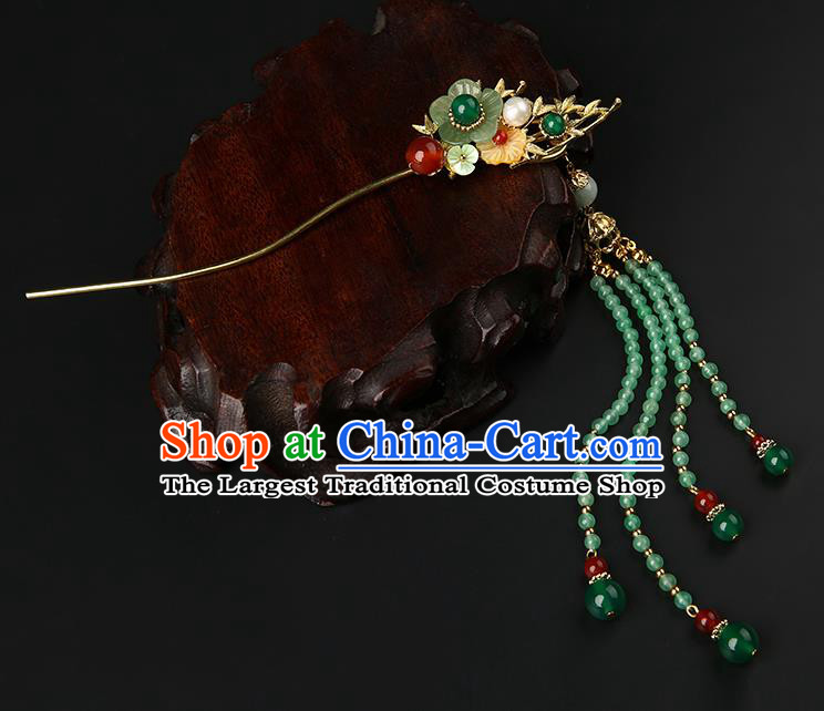 Chinese Classical Green Beads Tassel Hair Clip Hanfu Hair Accessories Handmade Ancient Princess Plum Blossom Hairpins for Women